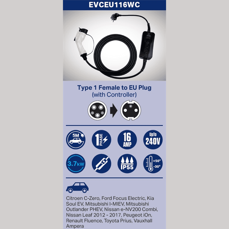 WAI EVCEU116WC PRIJENOSNA PUNJICA ZA ELEKTRIČNA VOZILA - 220V / 16A, 5 METARA, TIP1 - 1 FAZA