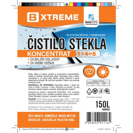 SREDSTVO ZA ČIŠĆENJE STAKLA BXTREME LETNO (KONCENTRAT 1:5) 150L