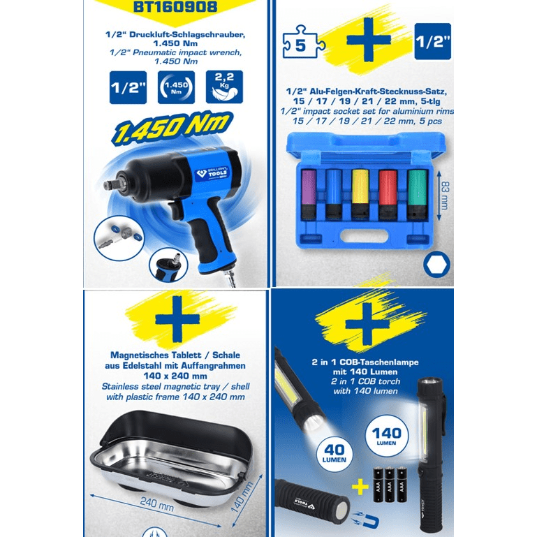 SET OD 4 DIJELA 1/2" PNEUMATSKE PIŠTOLJE, 1/2" PRIKLJUČKA, MAGNETNOG KONTEJNERA I BRILLIANT T LED SVJETLA